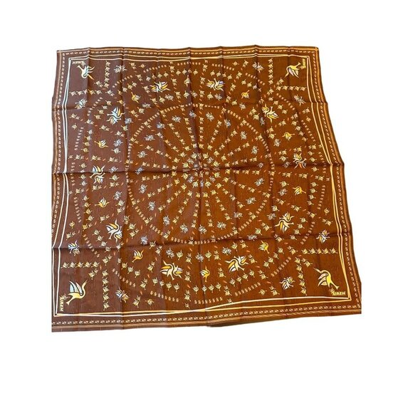 UAEH Brown Silk Abstract Bird Large Scarf - Picture 1 of 5